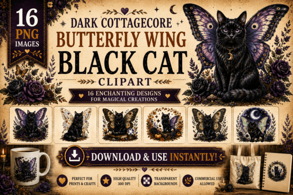 Download Dark Cottagecore Wing Black Cat Clipart - Dark Collection