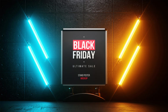 Download Poster in Dark Place with Neon Mockup - Dark Collection